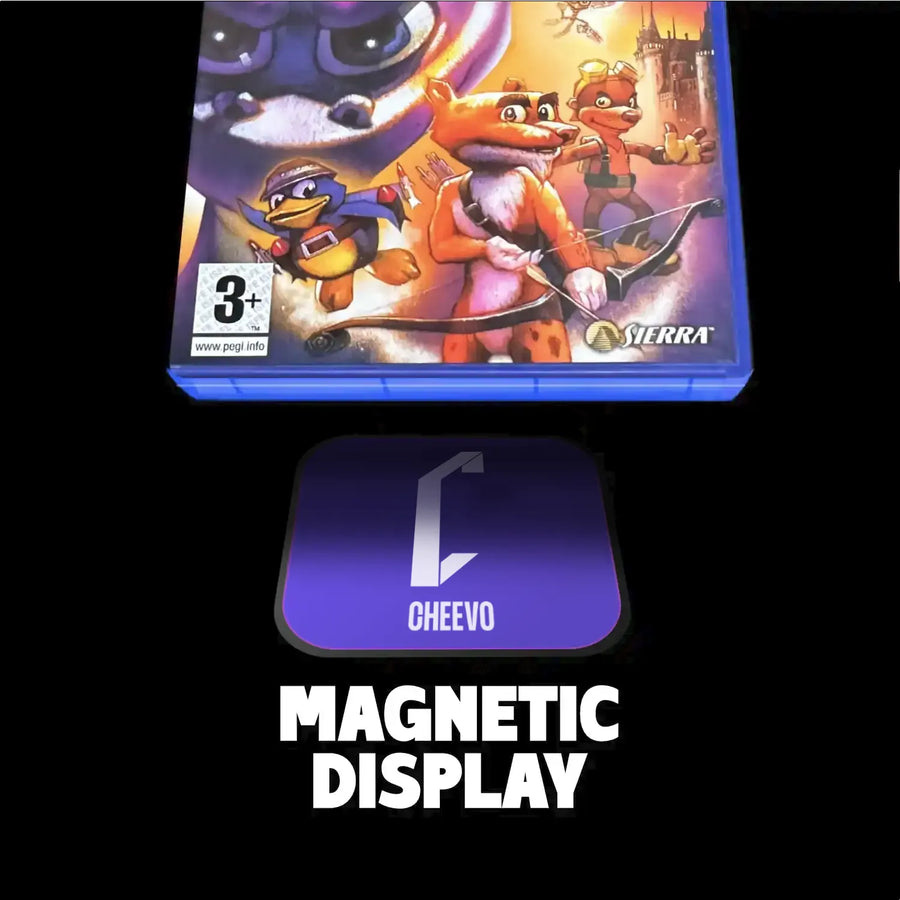 Video game case for playstation 2 and a 'Cheevo' magnetic display below on a black background.