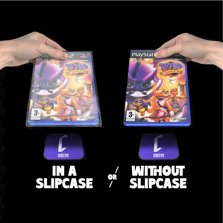 Two hands holding 'Spyro the Dragon' game cases with and without slipcase on a black background.