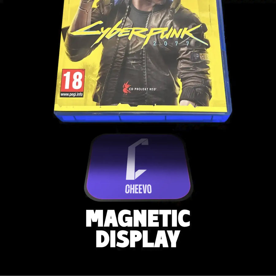 Game case for 'Cyberpunk 2077' with a 'Cheevo' magnetic display below on a black background