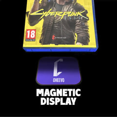 Game case for 'Cyberpunk 2077' with a 'Cheevo' magnetic display below on a black background