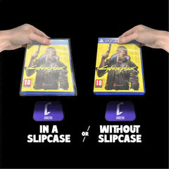 Two hands holding 'Cyberpunk' game cases with slipcase options on a black background