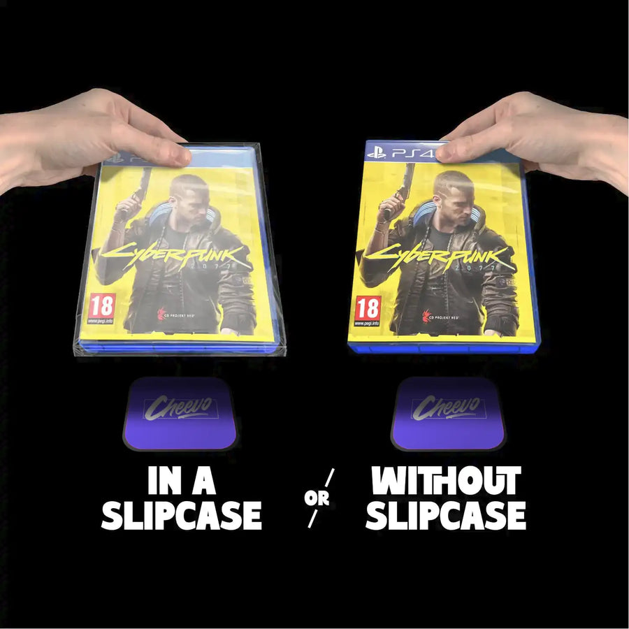 Two hands holding 'Cyberpunk' game cases with slipcase options on a black background