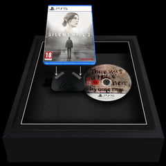 Framing of a PlayStation 5 video game using a magnetic attachment. The case and disc are side by side and ready to be hung on the wall