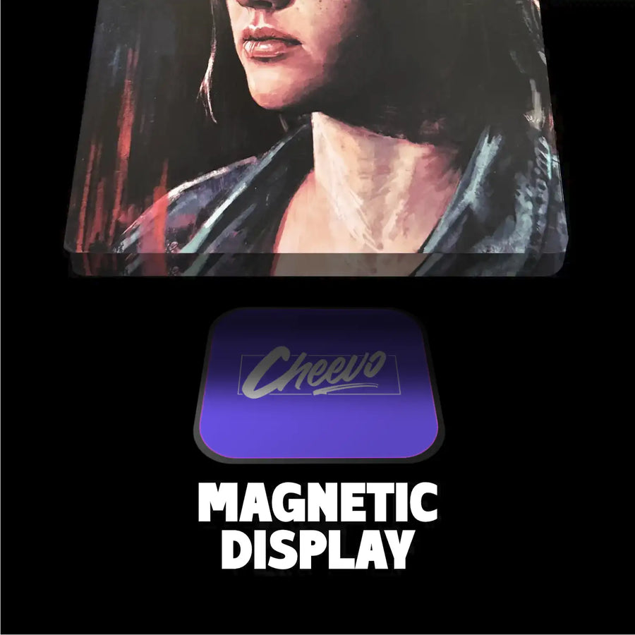 Magnetic display for a ps4 steelbook and Cheevo logo on a black background
