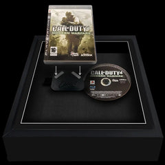 Black frame with a playstation 3 video game being added. Includes the case and disc side by side