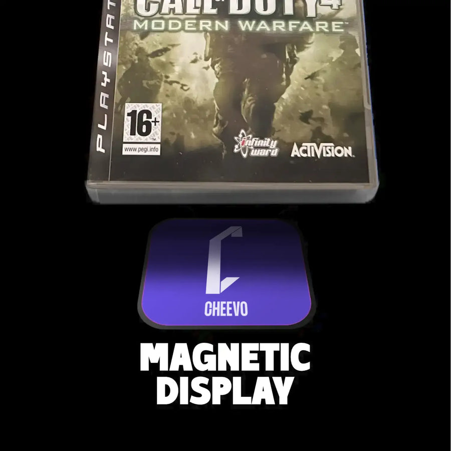 Call of Duty: Modern Warfare game case with a Cheevo magnetic display on a black background