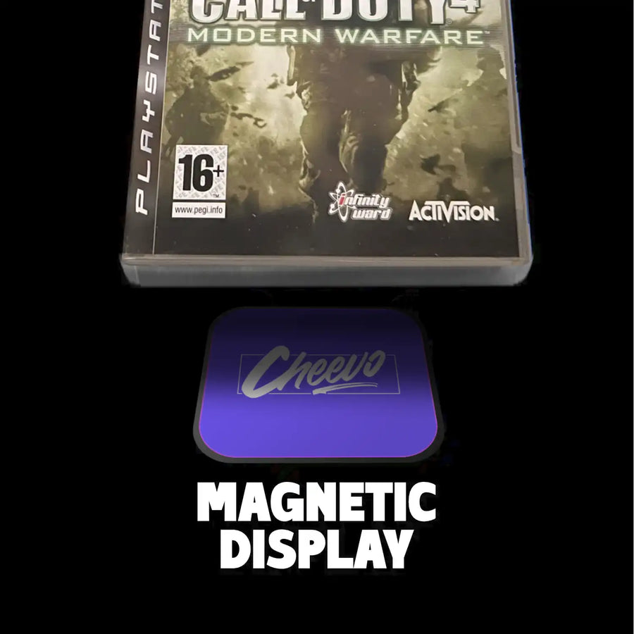 Call of Duty: Modern Warfare game case with a Cheevo magnetic display on a black background