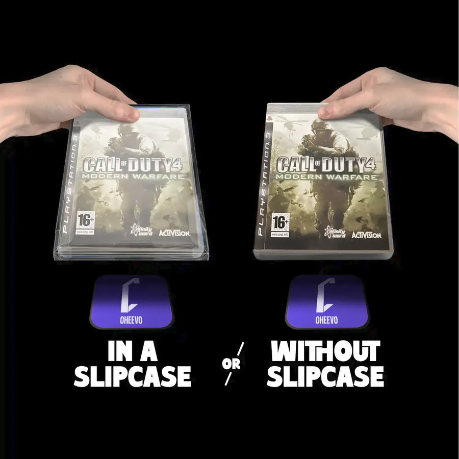 Two hands holding 'Call of Duty: Modern Warfare' game cases with 'Cheewo' branding below.