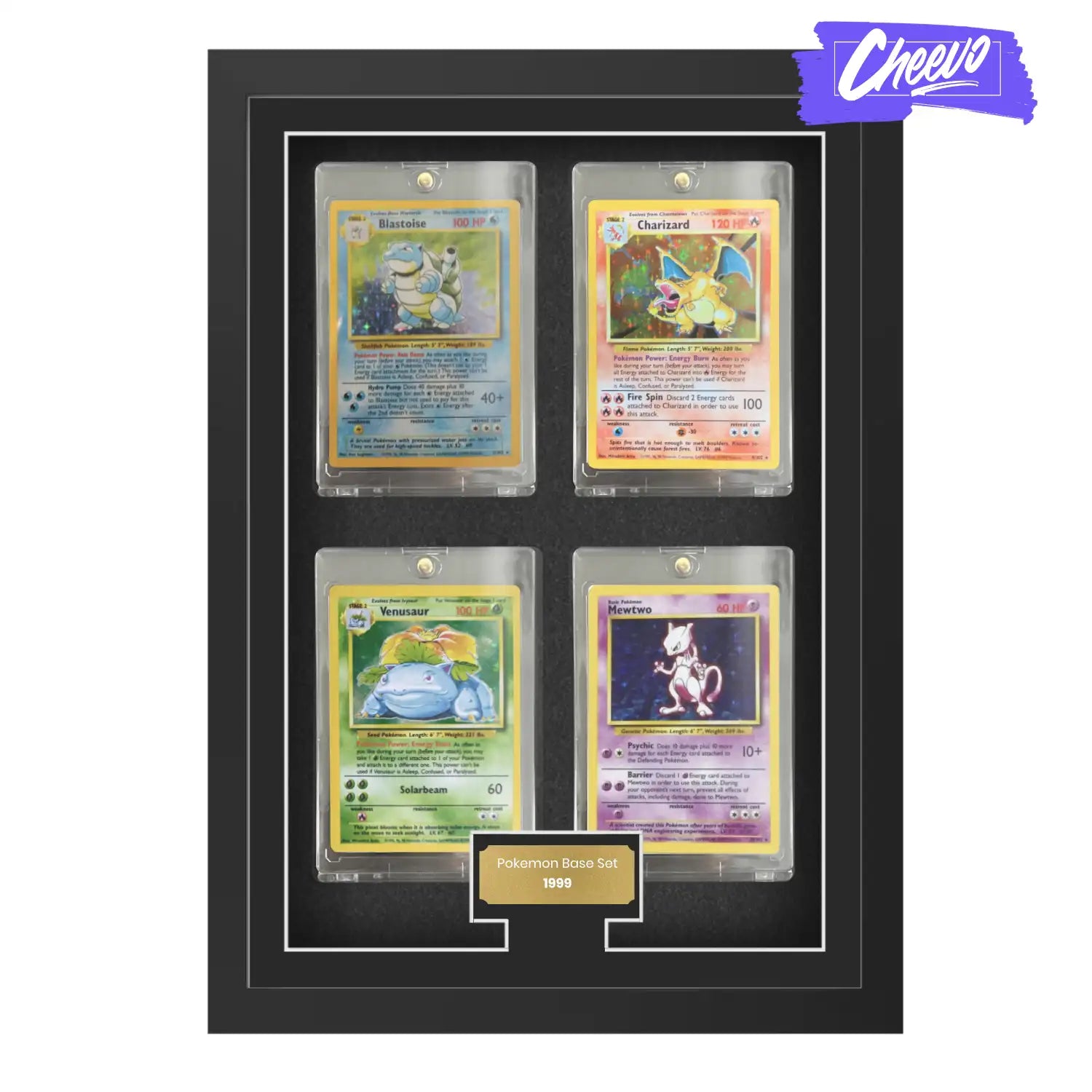 Pokemon trading card display frame suitable for four different cards. All base set and future pokemon cardboard cards. Charizard, Blastoise, Venasaur and MewTwo inside displayed in a rigid plastic case with a plaque that has a message.