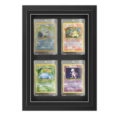 Pokemon trading card display frame suitable for four different cards. All base set and future pokemon cardboard cards. Charizard, Blastoise, Venasaur and MewTwo inside displayed in a rigid plastic case 