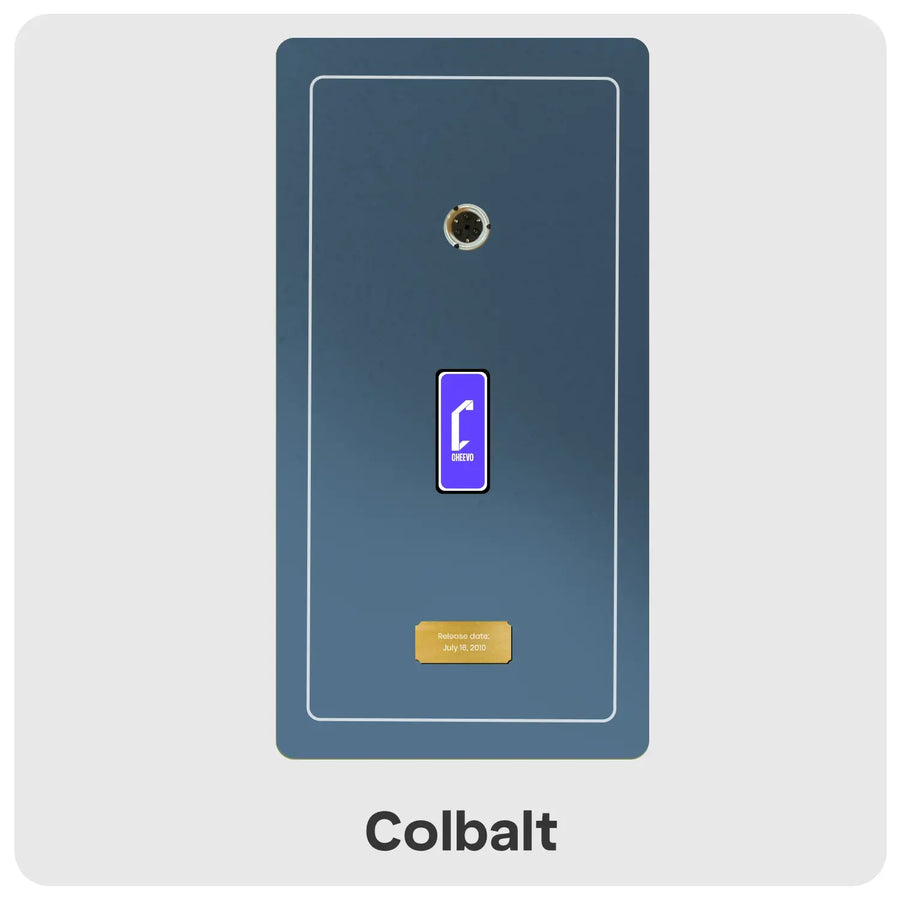 Colbalt coloured artwork with DVD spindle at the top, a Cheevo purple logo in the middle and gold plate with text at the bottom