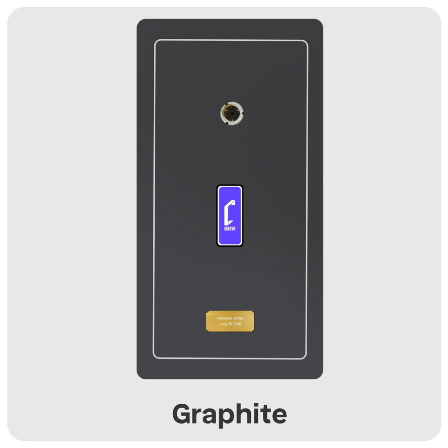 Graphite coloured artwork with DVD spindle at the top, a Cheevo purple logo in the middle and gold plate with text at the bottom