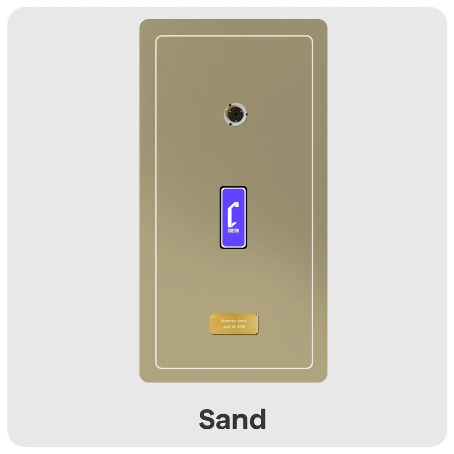 Sand coloured artwork with DVD spindle at the top, a Cheevo purple logo in the middle and gold plate with text at the bottom