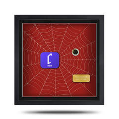 spider man steelbook inspired display frame featuring cheevo branding and a gold nameplate