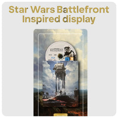 Star Wars Battlefront inspired display featuring a Blu-ray steelbook and disc, shown on a light gray background with the text 'Star Wars Battlefront Inspired display' at the top.