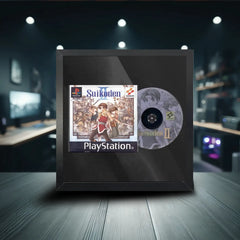 Suikoden Playstation 1 video game inside a frame. The square frame clearly displays the disc and game disc safely