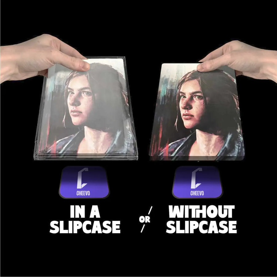 The Last of Us Part II video game steelbook being attached to a magnetic bracket both inside of a plastic slipcase and without one. They are being displayed within a frame.