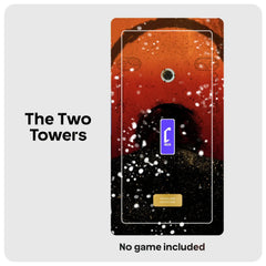 A product mockup showing a plate with a fantasy design titled 'The Two Towers'. The design features a red-orange sky, a dark silhouette of a tower, white snow, and a purple 'Cheevo' logo.