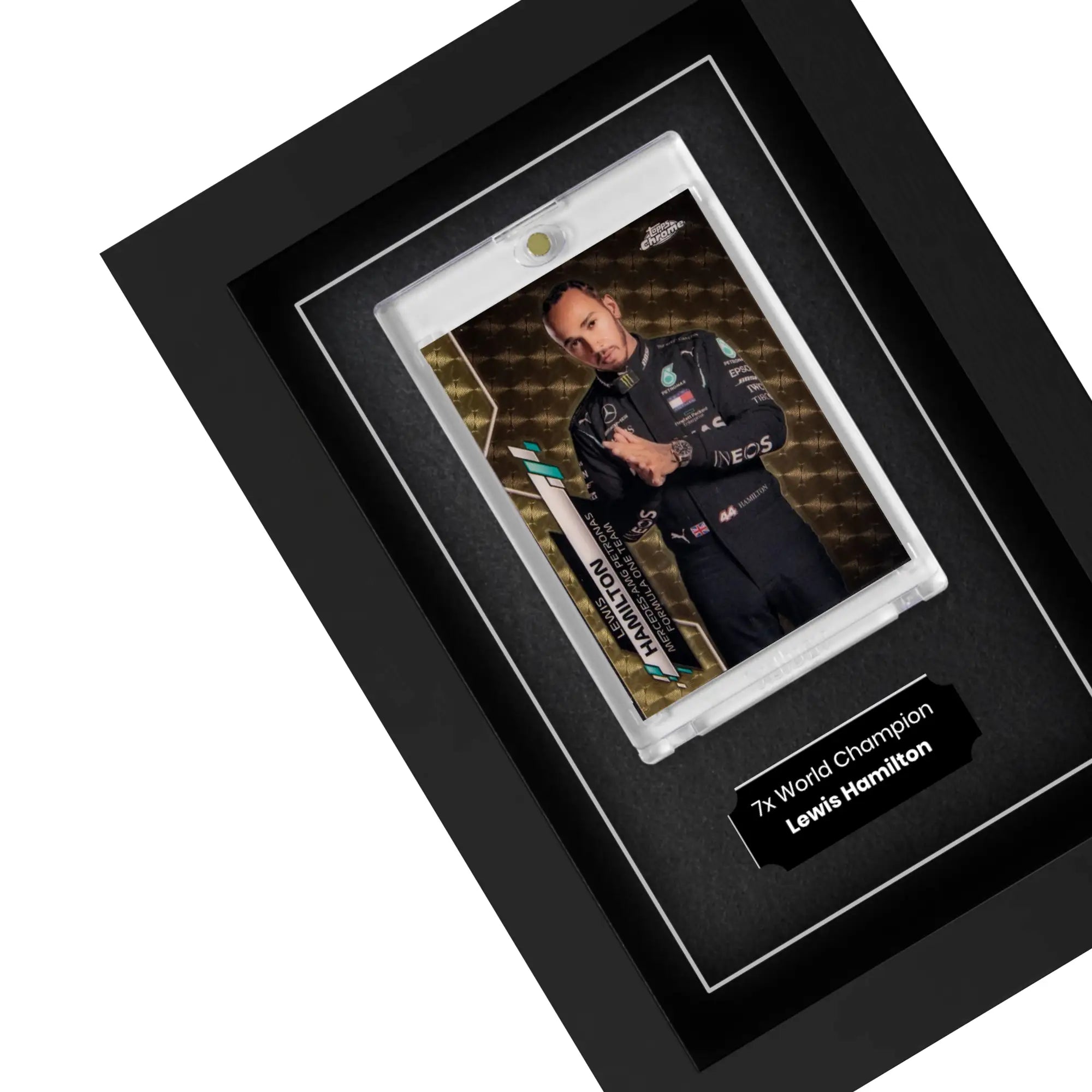 Topps F1 trading cards displayed inside a frame with an engraved personalised plaque