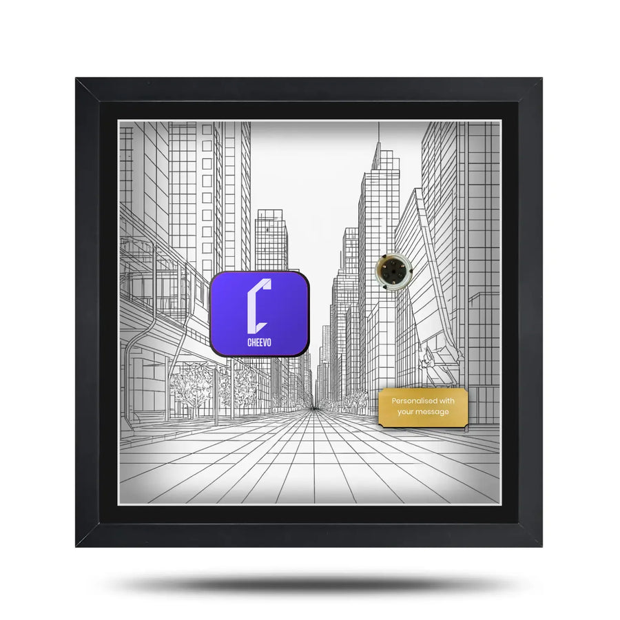 watch dogs inspired video game frame display with cheevo branding and a gold nameplate