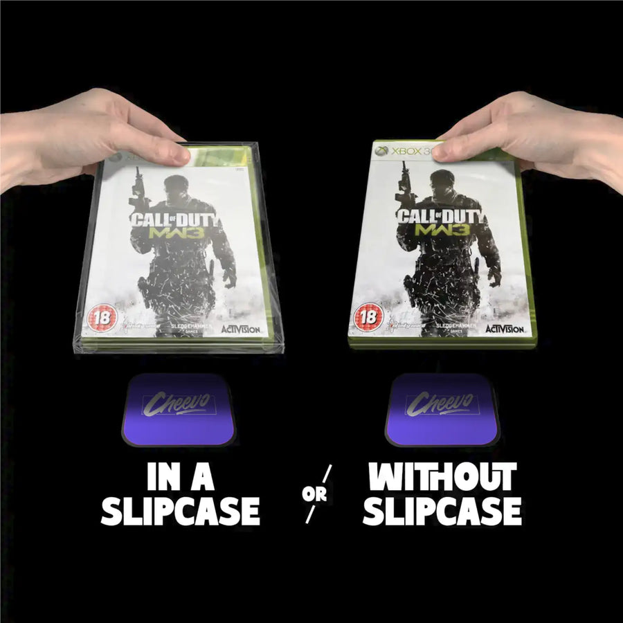 Two 'Call of Duty' game cases held by hands, one with a slipcase and one without, on a black background.