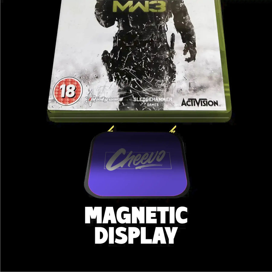 Xbox 360 game case with 'Cheevo' magnetic display on a black background