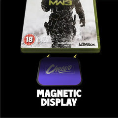 Xbox 360 game case with 'Cheevo' magnetic display on a black background
