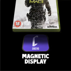 Xbox 360 game case with 'Cheevo' magnetic display on a black background