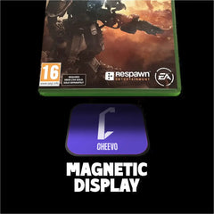 Xbox One game case with Respawn Entertainment and EA logos, featuring a robot on a dark background, with a Cheevo magnetic display below.