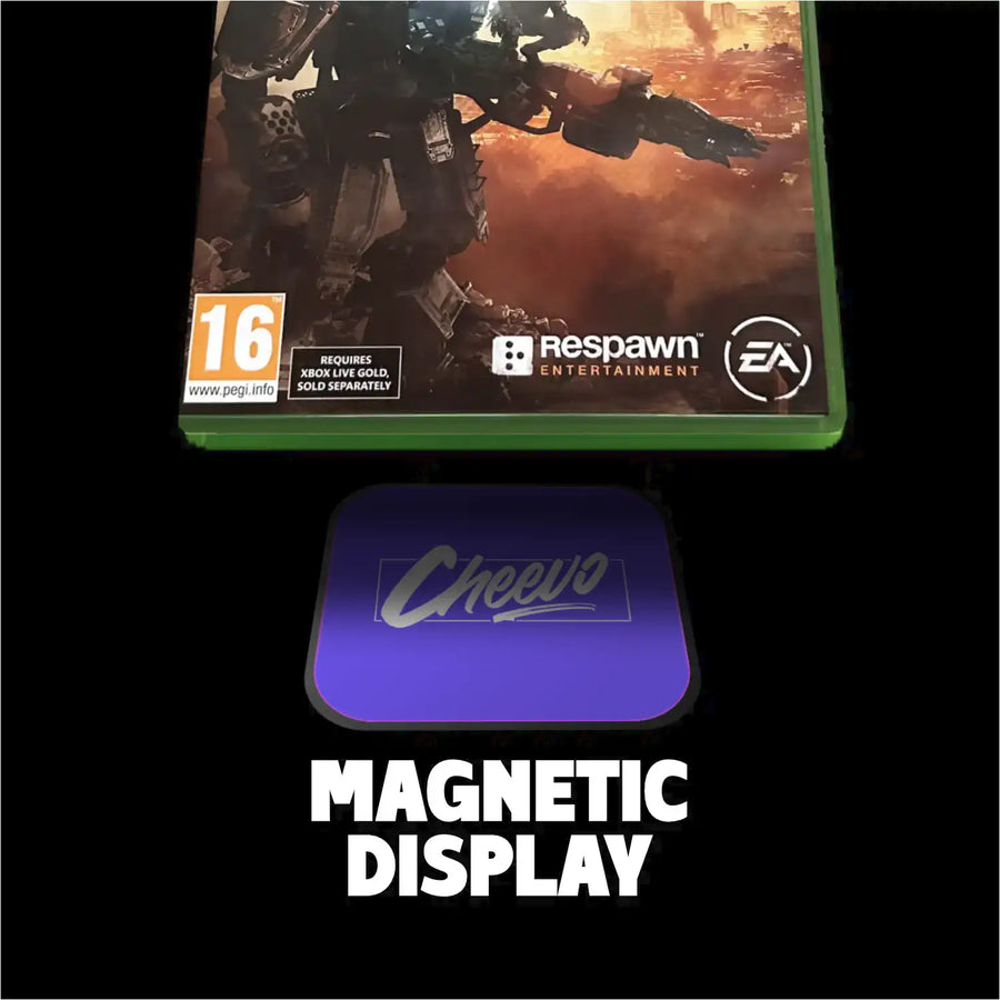 Xbox One game case with Respawn Entertainment and EA logos, featuring a robot on a dark background, with a Cheevo magnetic display below.
