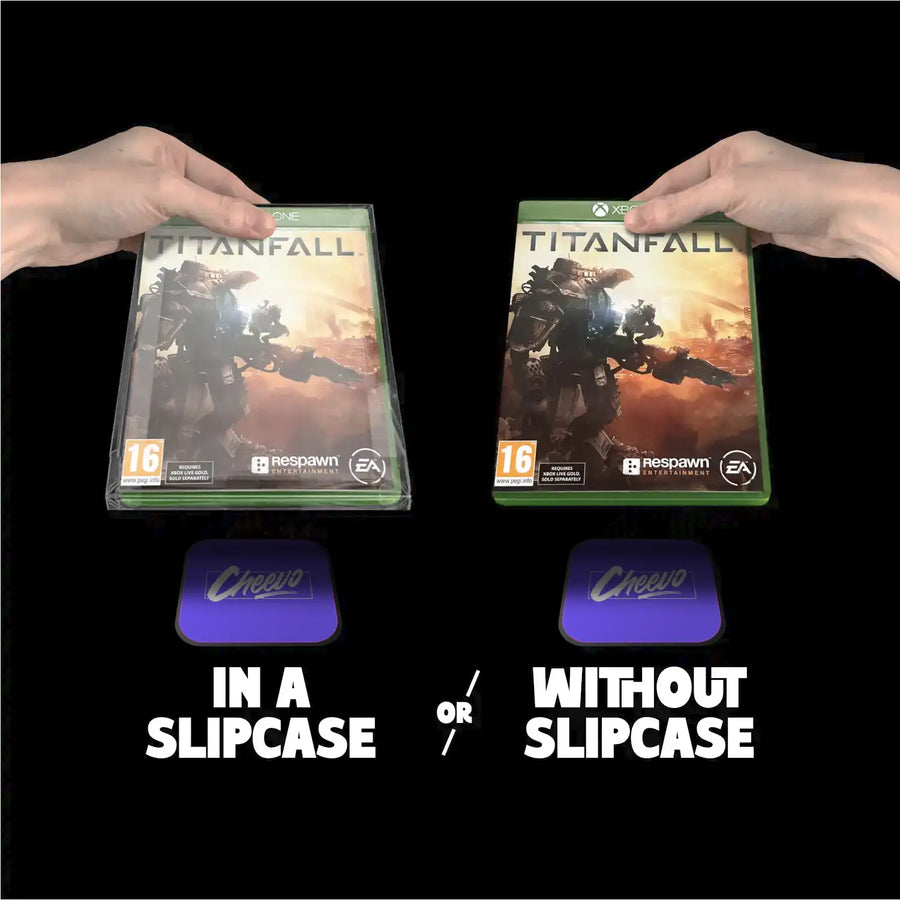 Two 'Titanfall' game cases held by hands with 'Cheewo' branding below on a black background.
