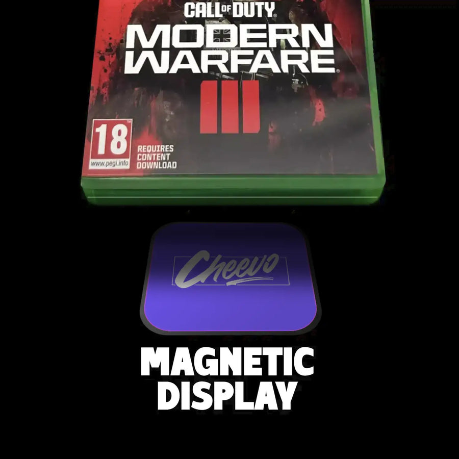 Call of Duty: Modern Warfare III game case with a Cheevo magnetic display on a black background
