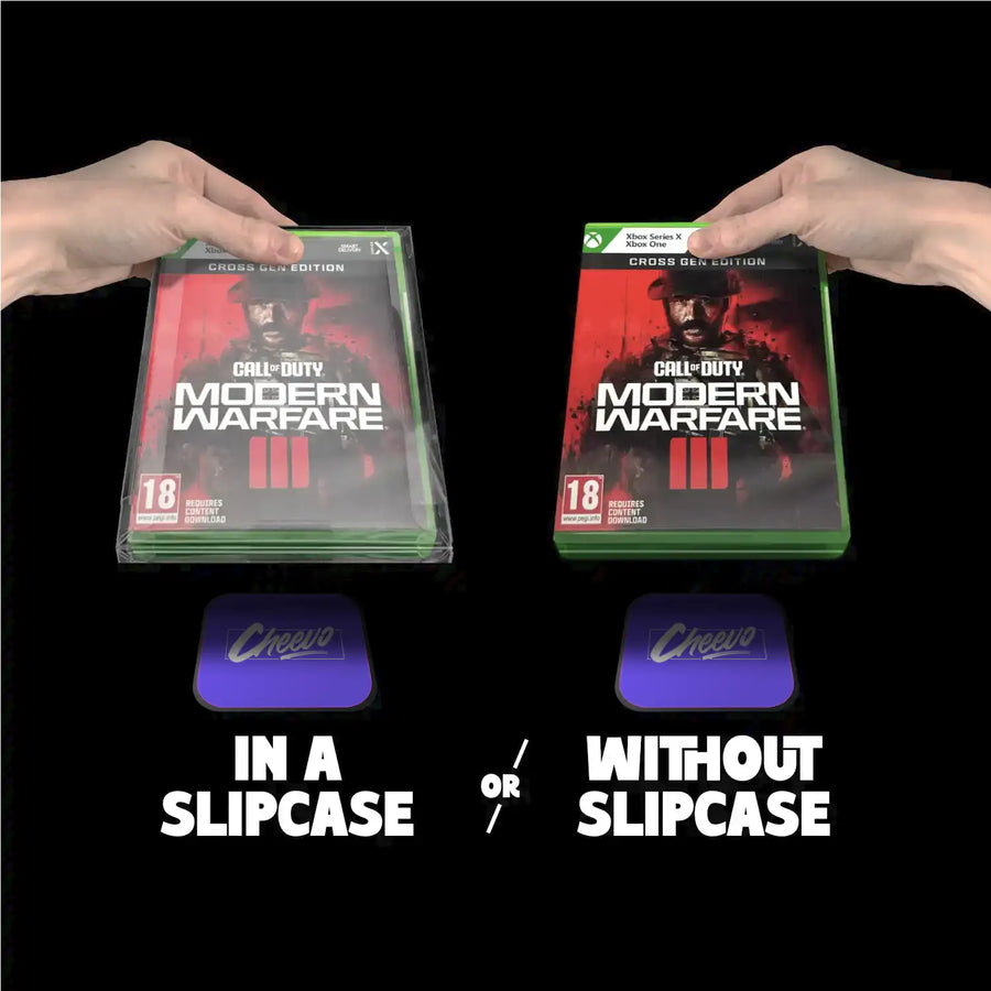 Two hands holding 'Call of Duty: Modern Warfare III' game cases with 'Cheewo' logos below.