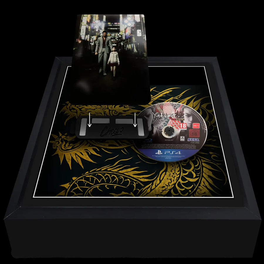Yakuza Kiwami Steelbook Display Frame with the case and disc side by side ready for presentation
