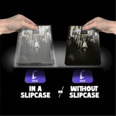 Two hands holding a product with and without a slipcase, featuring the Cheevo brand.