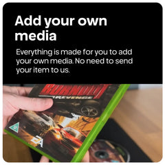 A hand holds a green Xbox One game case for Burnout Revenge, with a black text banner above reading 'Add your own media' and explanatory white text about adding custom media.