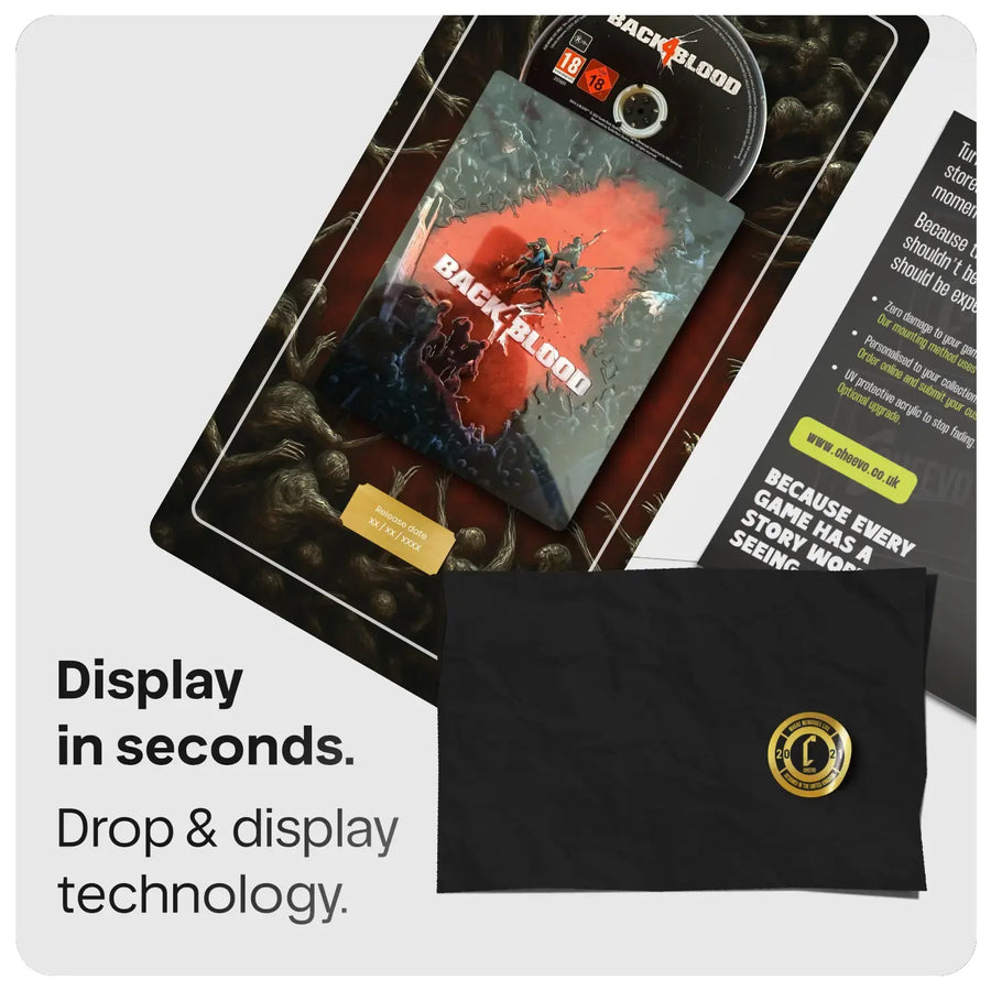 Back 4 Blood, featuring a black display tray with a game case, a game disc, a black pouch with a gold seal, and promotional text on a light gray background.
