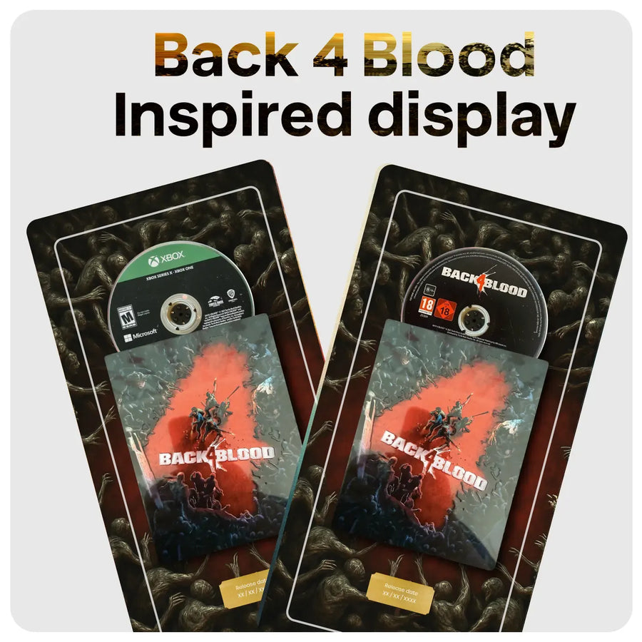 Two Back 4 Blood inspired display plates holding Xbox One game cases for Back 4 Blood, shown on a light gray background with the text 'Back 4 Blood Inspired display' at the top.