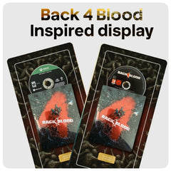 Two Back 4 Blood inspired display plates holding Xbox One game cases for Back 4 Blood, shown on a light gray background with the text 'Back 4 Blood Inspired display' at the top.