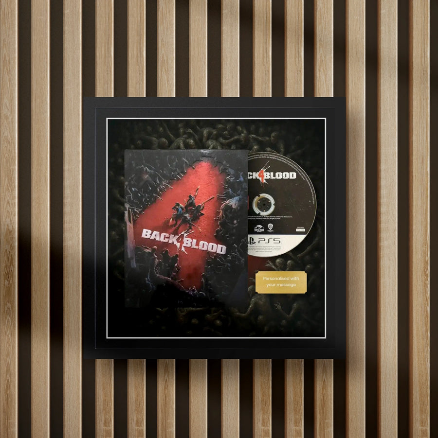 back 4 blood steelbook display frame with full colour background on a slat wall