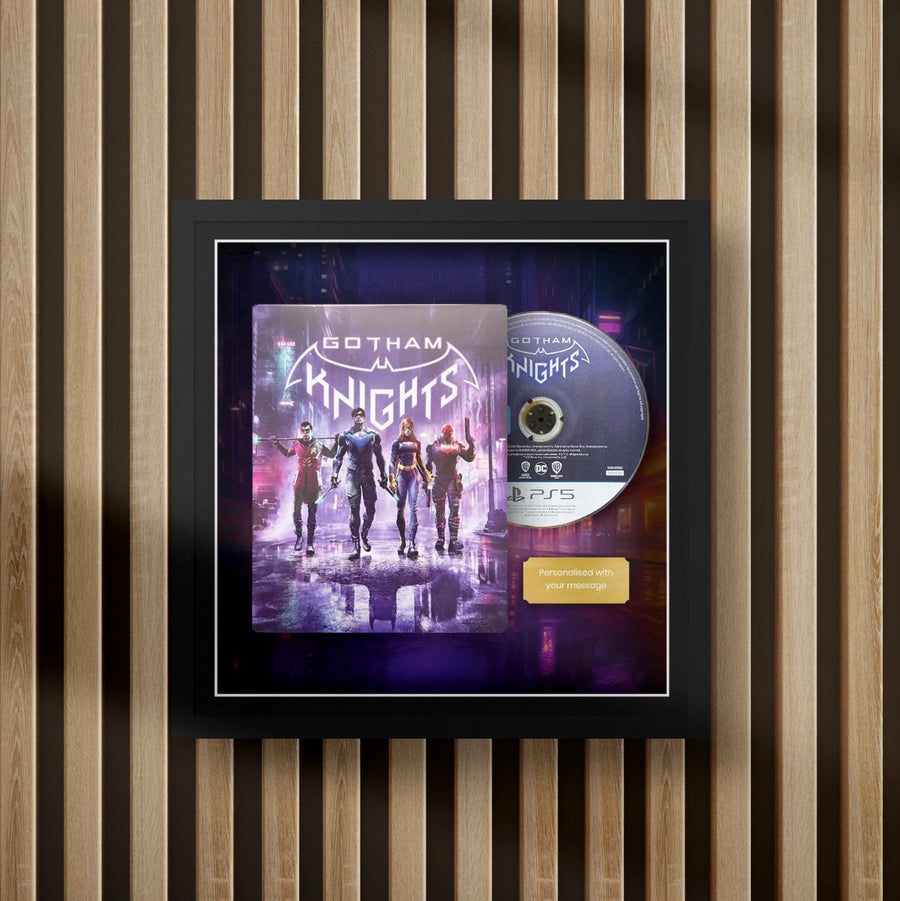 batman gotham knights steelbook display frame with full colour background on a slat wall