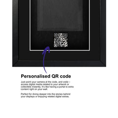 Modern black game display frame with personalised QR code in black and silver, scannable with smartphones