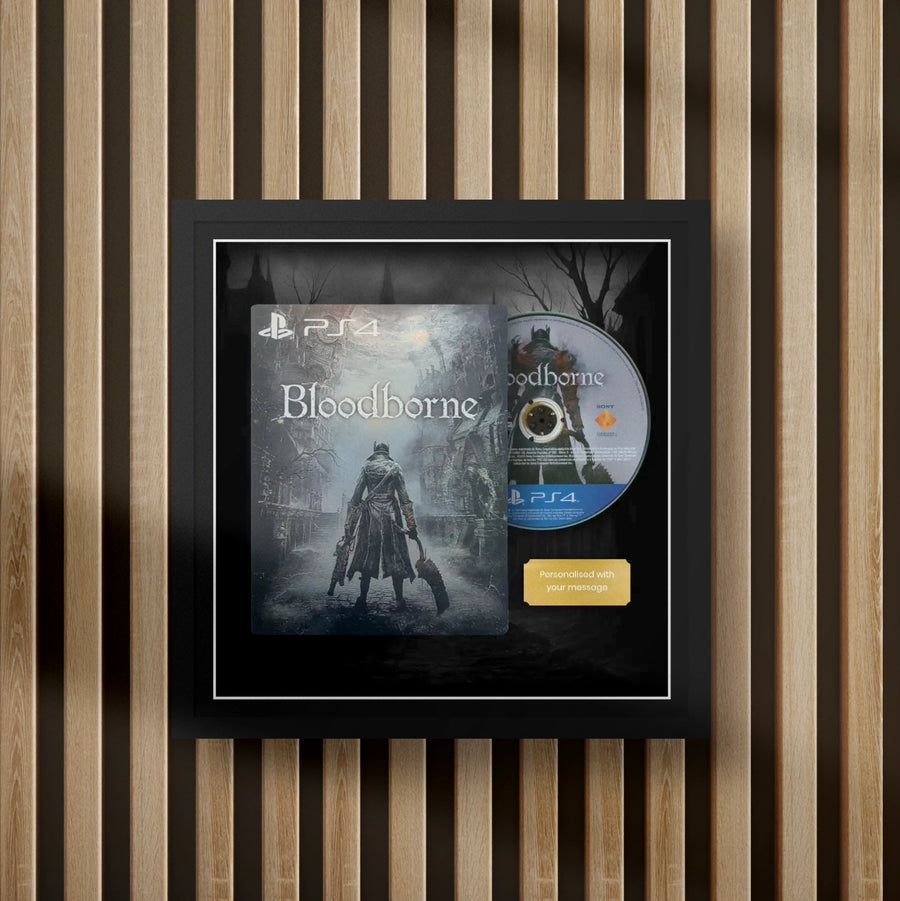 bloodborne steelbook display frame with full colour background on a slat wall