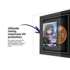 Frame your own Blu-ray DVD within this square frame equipped with UV protective glass to protect the disc for years