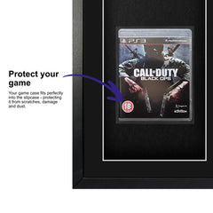 Call of Duty: Black Ops for PlayStation 3 displayed within a frame, featuring a plastic slipcase to safely attach and remove the game case without damage