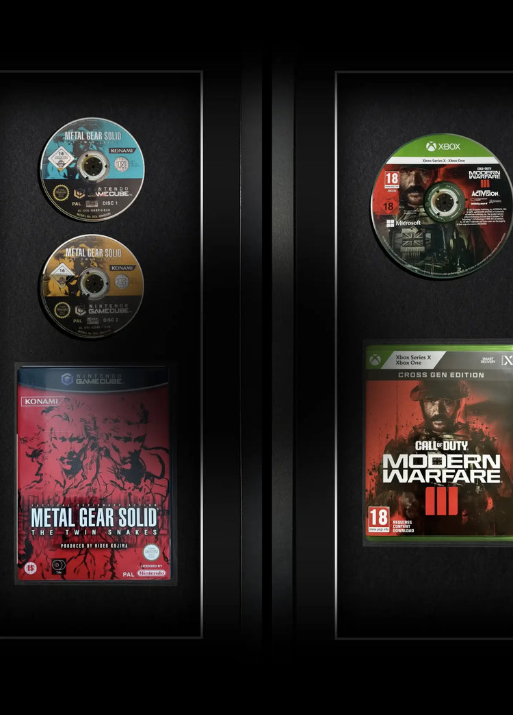Black modern frame displaying Metal Gear Solid for GameCube and Modern Warfare 3 for Xbox Series X