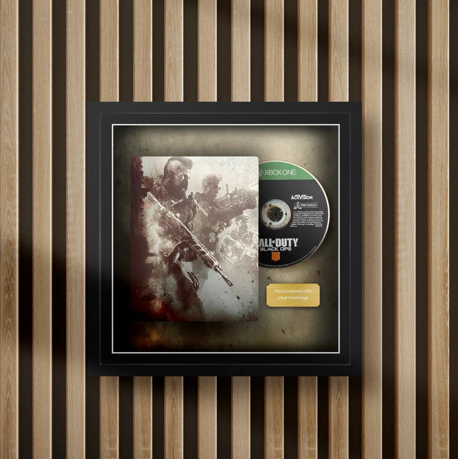 call of duty black ops 4 steelbook display frame with full colour background on a slat wall