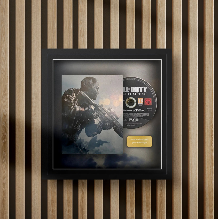 call of duty ghosts steelbook display frame with full colour background on a slat wall