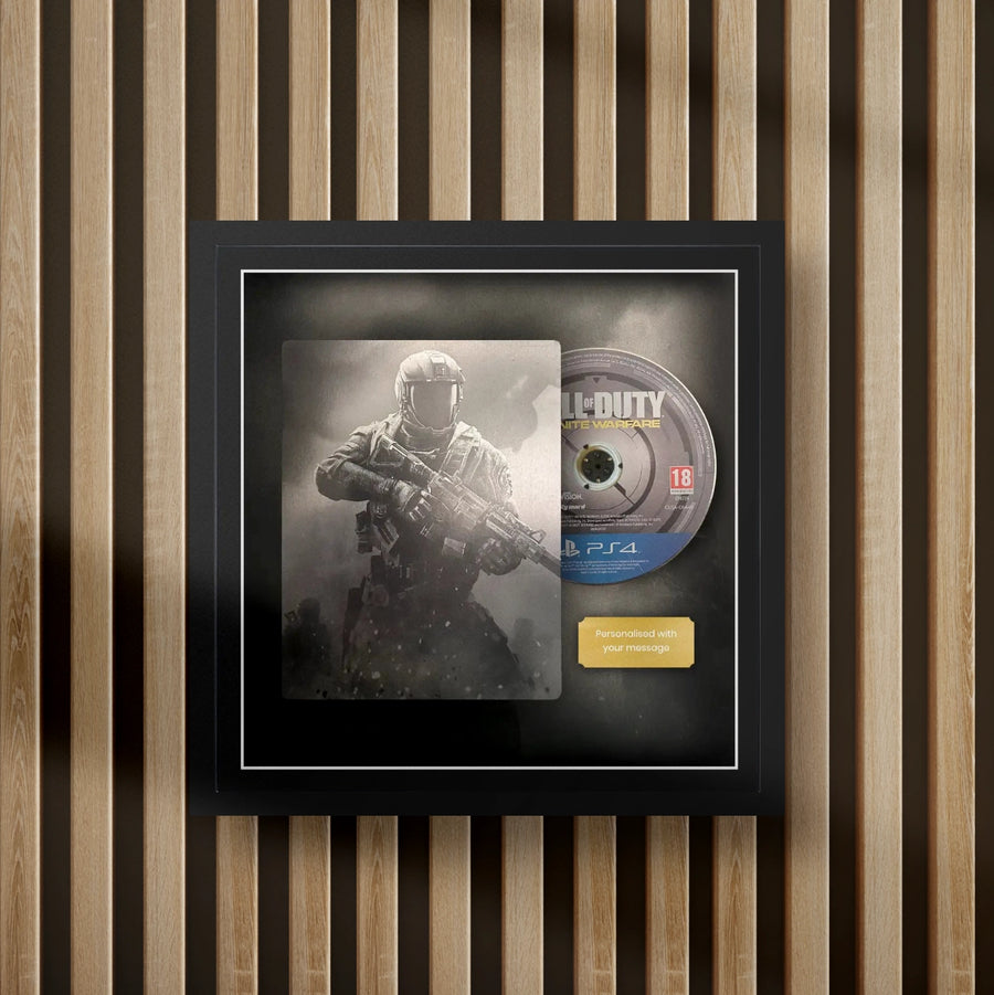 call of duty infinite warfare steelbook display frame with full colour background on a slat wall