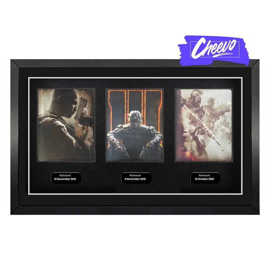 Framed display of three video games cases. Frame any video games and order a bespoke picture frame to display them